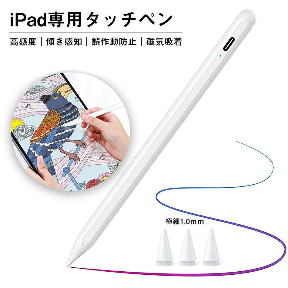 クーポンで「50%OFF」タッチペン iPad タブレット 極細 超高感度 iPad ペンシル スタイラスペン デジタルペン アイパッドペン USB充電式 iPad 6 7世代 iPad Air 3世代 iPad Mini 5世代 iPad Pro12.9 3世代 対応 自動電源OFF 磁気吸着 傾き