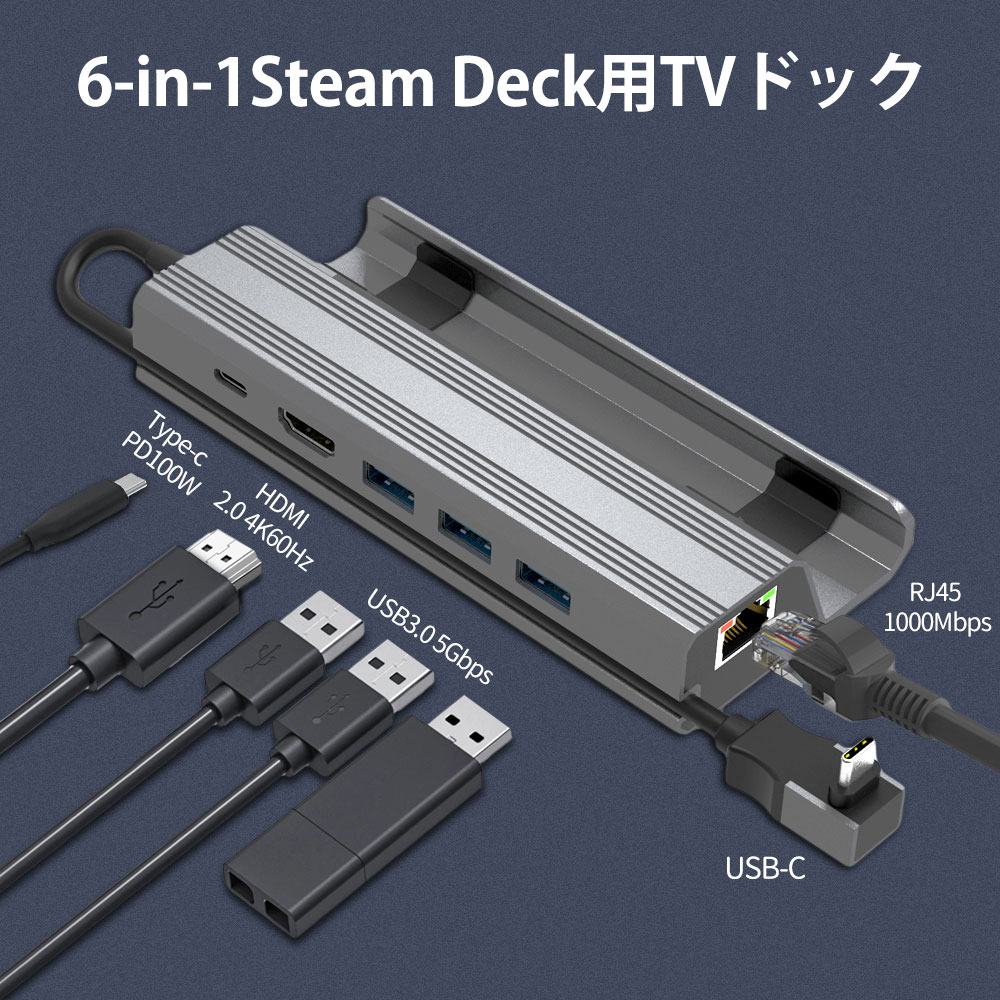 Steam deck用TVドック 6-in-1多機能 ミニ充電ドック Steam Deck充電スタンド HDMI出力 4K 映像出力 USB3.0ポート ギガビットイーサネット 1000?bps PD急速充電 放熱対策 USB Type-Cポート 変換ドック 高速有線 スチームデッキ対応 軽量 持ち運び便利