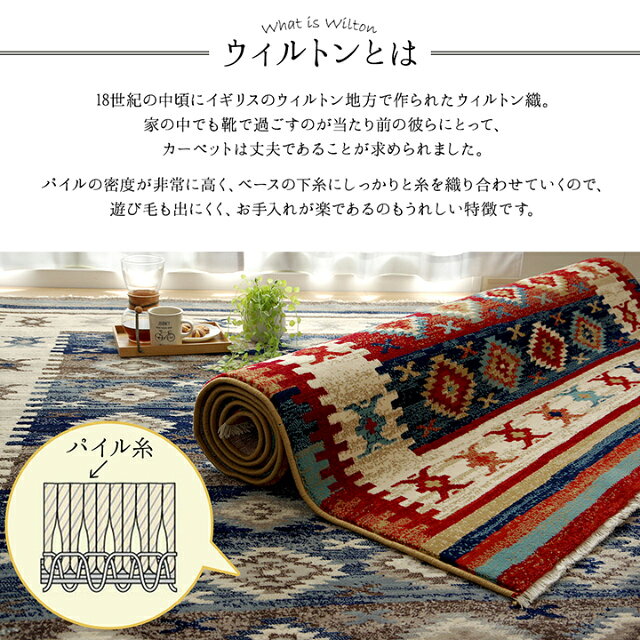 ラグ キリム柄 おしゃれ コンパクトに折りたためる！おしゃれなキリム柄ウィルトン織ラグ 80×130cm ラグ カーペット ネイビー レッド 高密度 お手入れ楽 柔らか 抗菌 防臭 消臭 コンパクト 収納 cup5 fachette-10014193 Sleep Atelier 〜寝具と家具の店〜 サンプル画像2