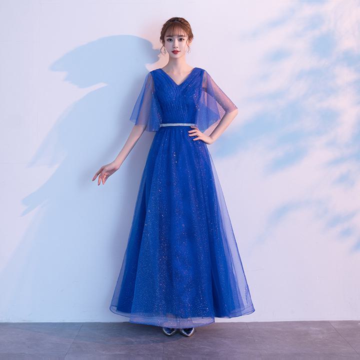 ウェディングドレス パーティードレス カラバリ 赤 青 緑 ブルー Vネック ウエストマーク フレア袖 チュール 透け感 ベルト Aライン 結婚式ドレス 二次会ドレス 披露宴ドレス 花嫁ドレス カラードレス ミモレ丈 襟なし 大人可愛い セクシー 主役級 存在感 ゴージャス