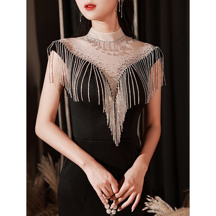 カラードレス 前撮りドレス ハイネック フリンジ 半袖 フレンチ袖 黒ドレス 豪華 マーメイド 衣装 パーティドレス ロングドレス ステージドレス ロング ロング丈 袖あり タイト スリム モダン 大人可愛い おしゃれ お洒落 セクシー エレガント 主役級