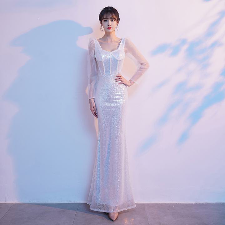 カラードレス パーティードレス 透け感 パール スパンコール スレンダー コルセット スクエアネック キラキラ ロングドレス 長袖 マーメイドドレス ロング 袖あり タイト スリム 胸元 谷間 谷間魅せ 可愛い おしゃれ お洒落 セクシー エレガント 主役級 存在感 華やか