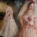 お花を散りばめたロマンティックドレス 透け感 チュール 花びら ピンク オフショル 羽衣 かわいい 袖有 袖 プリンセスライン ウェディ..