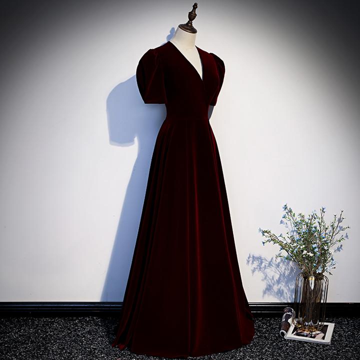 赤いドレス Aライン ロング丈 ワインレッド【着後レビュー特典】パフスリーブ深Vネック 冬 秋 シンプル 半袖 袖有 ロング ファスナー パーティードレス ジッパー 厚手 きれい 床付き 上品 ベロア 二次会ドレス