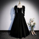 ブラックドレス Aライン 2WAY ロング丈 黒【着後レビュー特典】袖の取り外し可能な2WAYブラックドレス 冬 秋 スパンコール ロング 長袖 リボン 編み上げ パーティードレス リボン 厚手 きれい 床付き 上品 ベロア 二次会ドレス(4)