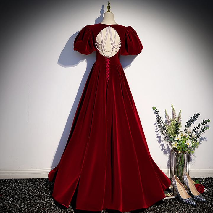 赤いドレス Aライン ロング丈 ワインレッド【着後レビュー特典】パフスリーブ スクエアネック 冬 秋 シンプル 半袖 袖有 ロング 編み上げ パーティードレス リボン 厚手 きれい 床付き 上品 ベロア 二次会ドレス 演奏会 コンサート衣装