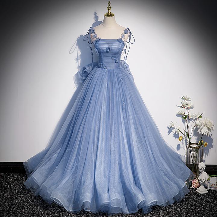 ファクトリーダイレクト・ラボの立体的なお花の3Dモチーフが華やかでロマンティック お色直しドレス ブルー【着後レビュー特典】バックビックリボンがかわいいAラインドレス チュール ノースリーブ 透け感 装飾が豪華 編上げ チュールが軽やかなボリュームスカート 可憐 華やかに演出｜アングル2