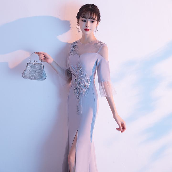 ラベンダー スリットが色っぽい マーメード ドレス 長袖【着後レビュー特典】花の装飾が華やかなパーティードレス イリュージョンネック 透け感 袖あり ロング丈 豪華レース フレア袖 マーメイドラインドレス 大きいサイズ フォトウェディング ブライダル