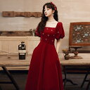 花刺繍 レッド ロングドレス【着後レビュー特典】ガーリーな赤いドレス 2way パフスリーブ お花がポイント ウエストリボン ウエストマーク イブニングドレス ...