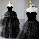 ブラックドレス【着後レビュー特典】チュールを幾重にも重ねた ティアードボリュームスカート ヒラヒラ揺れる軽やかなスカートがフォトジェニック ハートカット スパンコール チュールドレス フリル パーティードレス パーティドレス 二次会 ロング ロング丈 【cd-0624】