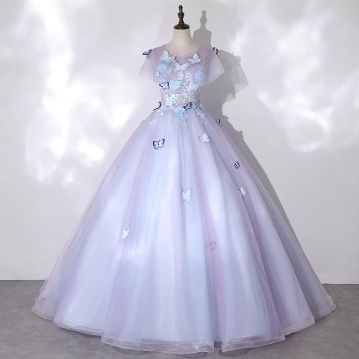 立体的なお花の3Dモチーフが華やかでロマンティック 蝶 お色直しドレス ラベンダー【着後レビュー特典】かわいいAラインドレス チュール フレアスリーブ 透け感 装飾が豪華 編上げ チュールが軽やかなボリュームスカート 可憐 華やか