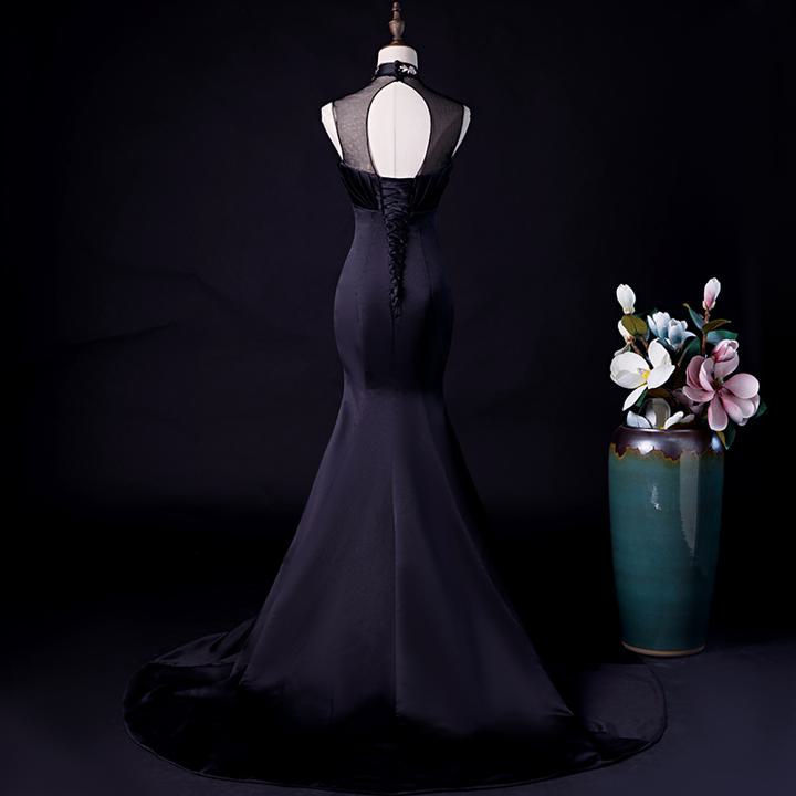 豪華花刺繍 ブラック マーメイドドレス【着後レビュー特典】チャイナ風 ブラックドレス 立ち襟 美スタイル スレンダー ノースリーブ セクシー 透け感 フォトウェディング ブライダル 黒 インポート ブライダル パーティウエディングドレス