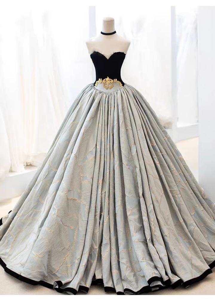 ハートカット デザインドレス バイカラー【着後レビュー特典】チューブトップ 袖無し ブラック×グレー プリンセスラインウェディングドレス 魅力的な胸元 パーティードレス 結婚式ドレス 二次会ドレス 披露宴ドレス 花嫁ドレス ロング丈 袖なし