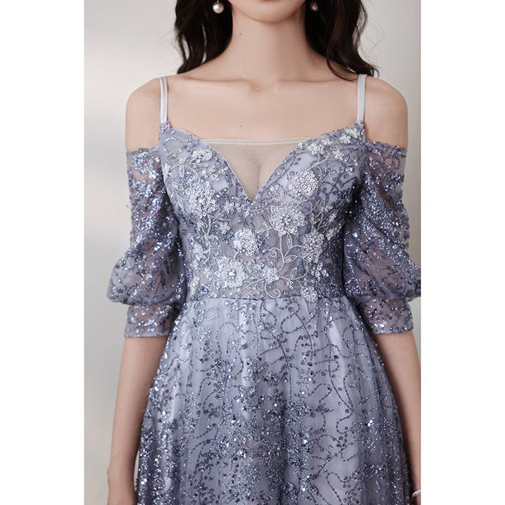 スパンコールロングドレス カラードレス ブルー シルバー オフショル 花 フラワー 胸元 セクシー 肩紐 パフスリーブ シースルー 披露宴 2次会 結婚式ドレス 結婚式のドレス 花嫁ドレス ロング ロング丈 お色直しドレス Aライン かわいい 大人可愛い きれいめ 大人 上品