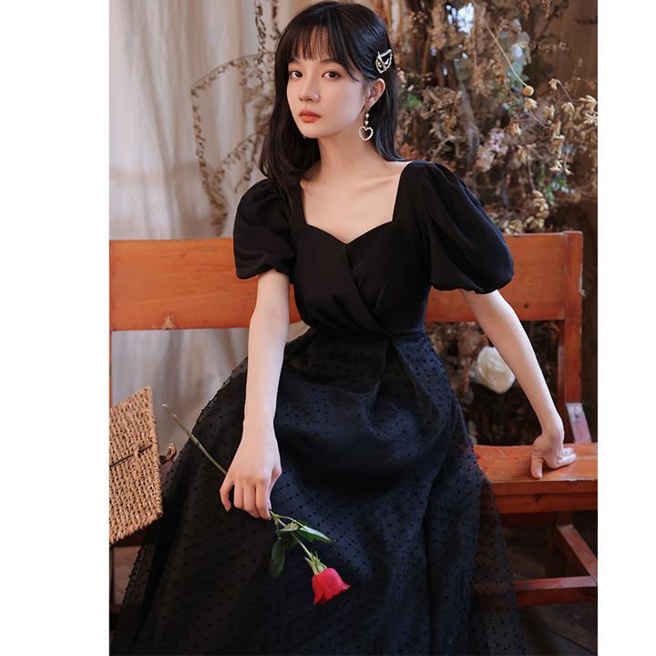 ブラック ドレス【着後レビュー特典】大人かわいく＆上品に カラードレス 黒 水玉レース シンプル ハートカット パフスリーブ 床付 ガーリー カジュアルドレス チュール 谷間 パーティードレス エレガント 主役級