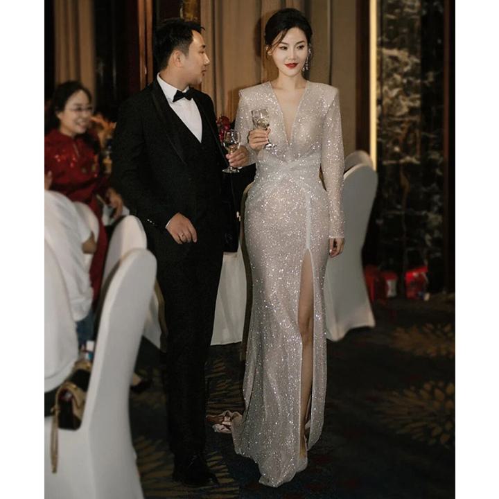 キラキラ スパンコール 深Vネック マーメイド セクシー 背中見せ シルバー ロング ドレス ワンピース パーティードレス 結婚式ドレス 二次会ドレス カラードレス ロングドレス ステージ フォーマルドレス タイト カクテルドレス イブニングドレス 【wdn-752】