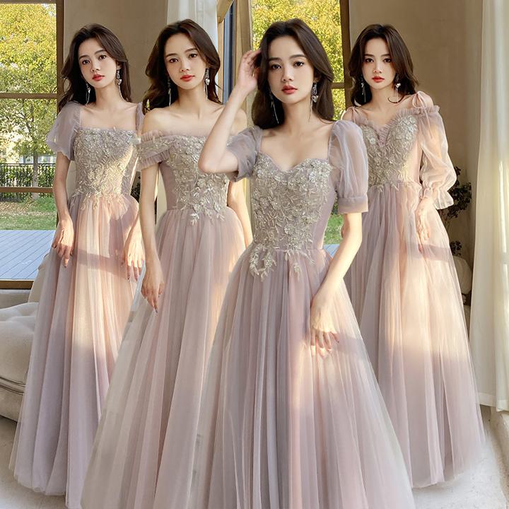 パーティードレス ベージュ グレー【着後レビュー特典】選べるデザイン 少人数婚やフォトウエディングで人気 楽に着られてリラックスできそうなドレス 着心地が良く軽やかで動きやすいため、ロケフォトにもぴったり 露出を抑えながら美しく演出 透け感 パフスリーブ 袖 半袖