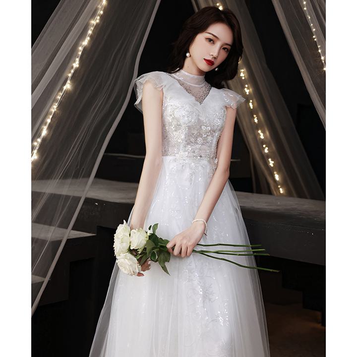 ふんわりホワイトドレス カラードレス 衣装 披露宴 2次会 結婚式ドレス 結婚式のドレス ロング ロング丈 細見 シフォンスカート ボリュームスカート スパンコール お色直しドレス Aライン かわいい 大人可愛い きれいめ シンプル 大人 上品 おしゃれ お洒落 大人可愛い