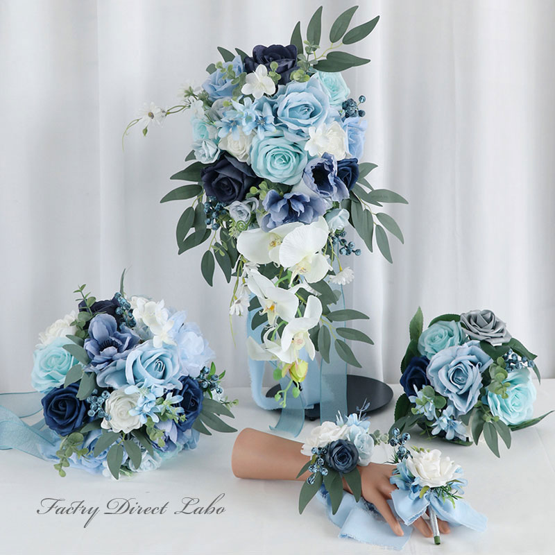 水色 ミックスフラワー キャスケードブーケ クラッチブーケ ラウンド ブライドメイドブーケ ブートニア リストブーケ 青 ブルー バラ カラー 結婚式 造花 新...