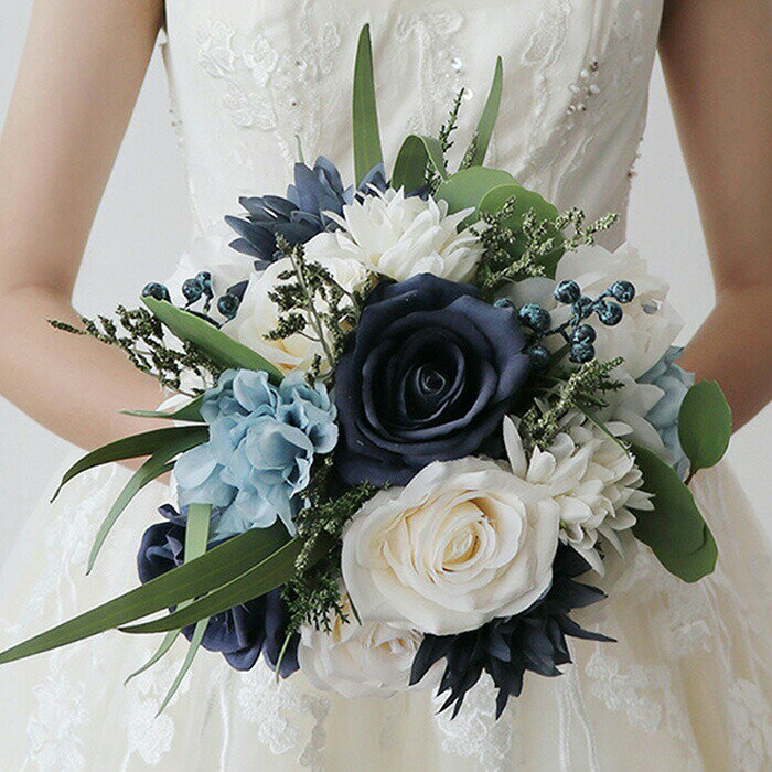 ナチュラルなラウンドが可憐なブルー系 ウエディングブーケ 30cm ブルー ラウンド 深青 結婚式 ナチュラル ラウンド型ブーケ 造花ブーケ ウェディング用 ア...