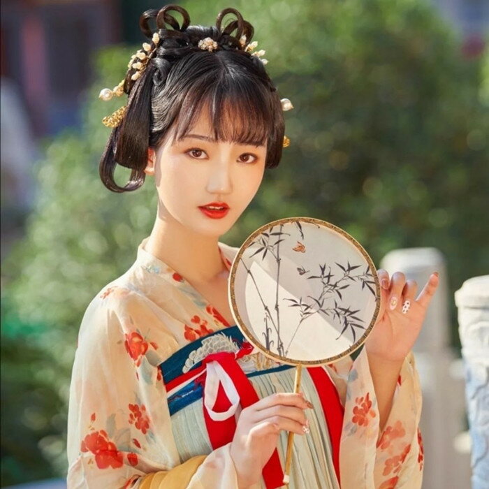 本格派!チュールのグラデーションが美しい伝統模様のドレス ベージュ 青 直輸入 本格派 漢服 中国 伝統衣装 チャイナドレス チャイナ風 唐装 中華服 華流 コスプレ 宮廷風 本格的 ハロウィン ドレス 伝統 伝統柄