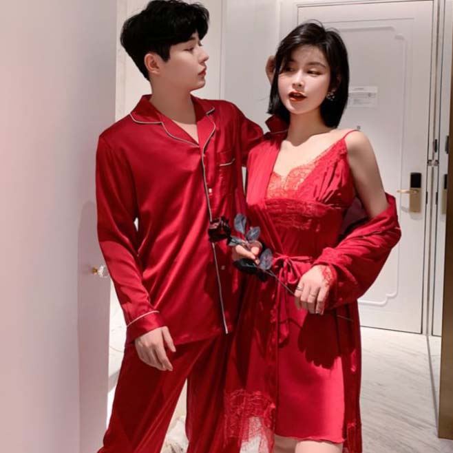 とろみ感たっぷり セクシー サテン 合成 シルク パジャマ メンズ ペアパジャマ 父の日 母の日 春夏 部屋着 プレゼント ギフト 結婚祝い ワンピース