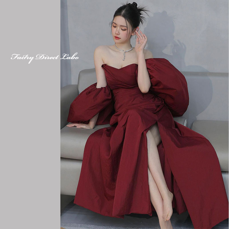 【P5倍+クーポン】ショール風バルーンスリーブ カラードレス ロングドレス パーティードレス ワインレッド スリット 【着後レビュー特典】 豪華 赤 衣装 公演 ウェディングドレス ウエディングドレス 結婚式 二次会 花嫁 前撮り 演奏会 発表会 カクテルドレス 【cd-0556】