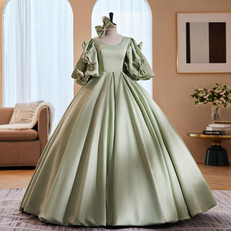 Rakuten - 前撮り ドレス カラードレス ロングドレス プリンセスドレス グリーン 袖付き 海外挙式 結婚式 発表会 演奏会 二次会 ウェディングドレス ウエディングドレス コンサート サテン リボン パーティードレス ステージドレス 披露宴 ラウンドネック 花嫁 【cd-0660】
