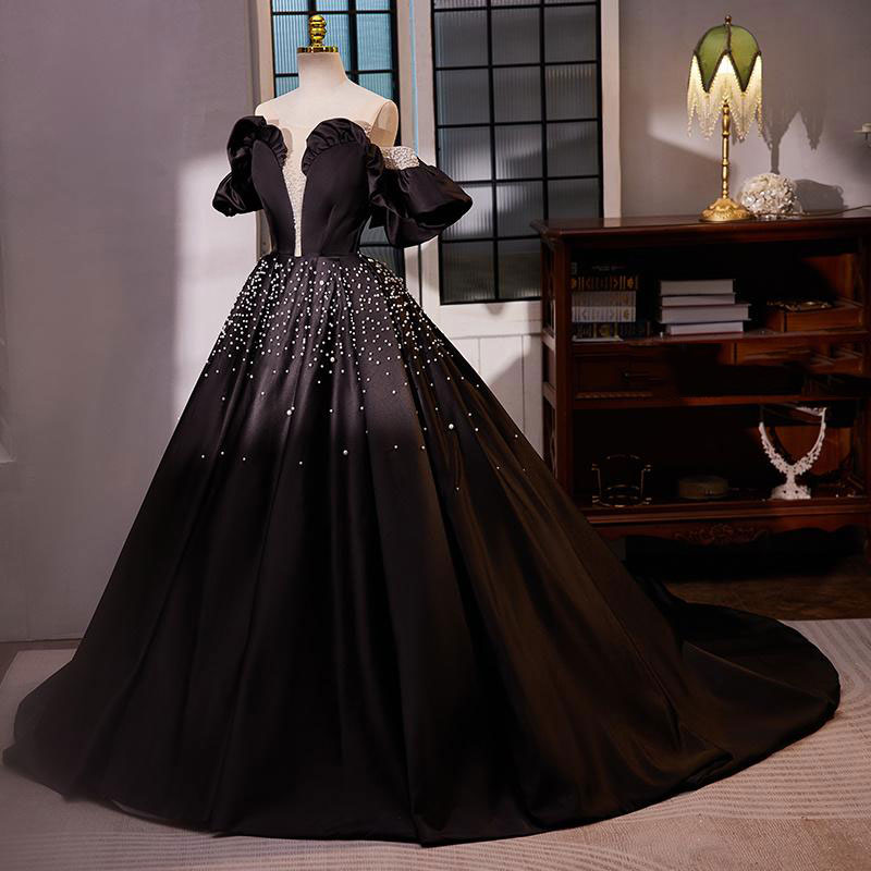 【P5倍+クーポン】前撮り ドレス カラードレス ロングドレス プリンセスドレス ブラック 半袖 インポート 海外挙式 発表会 演奏会 ウェディングドレス ウエディングドレス イブニングドレス パーティードレス ステージドレス 披露宴 フォーマル 花嫁 二次会 【cd-0672】