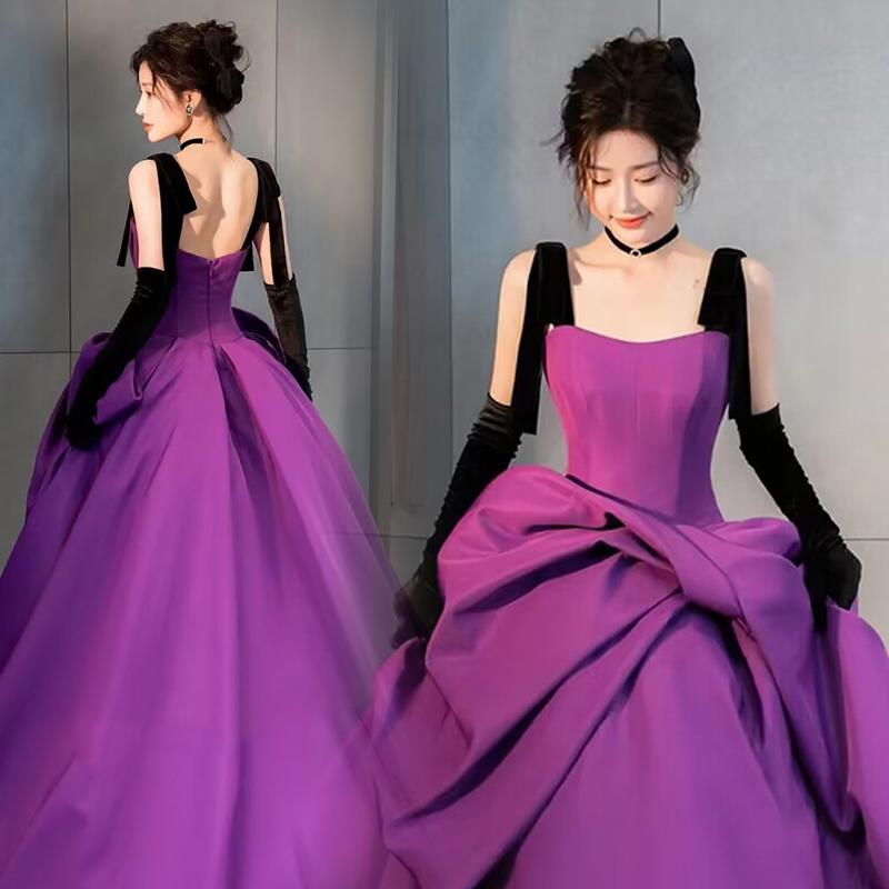 カラードレス ロングドレス プリンセスドレス パープル ノースリーブ 海外挙式 結婚式 発表会 演奏会 二次会 ウェディングドレス ウエディングドレス イブニングドレス パーティードレス ステージドレス 披露宴 サテン 紫 ブライダル フォーマル 花嫁 前撮り 【cd-0677】
