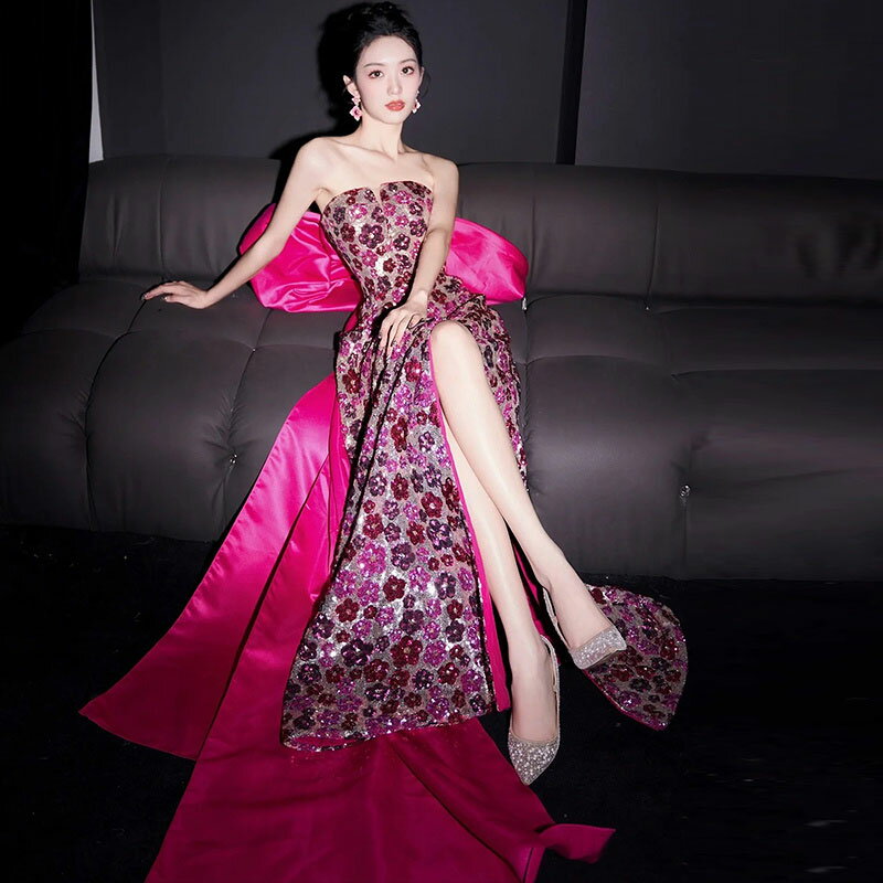 前撮り ドレス カラードレス スレンダードレス ウェディングドレス ウエディングドレス おしゃれ 海外挙式 結婚式 発表会 演奏会 二次会 花嫁 前撮り ブライダル ロングドレス ピンク リボン 花柄 パーティードレス【cd-0719】