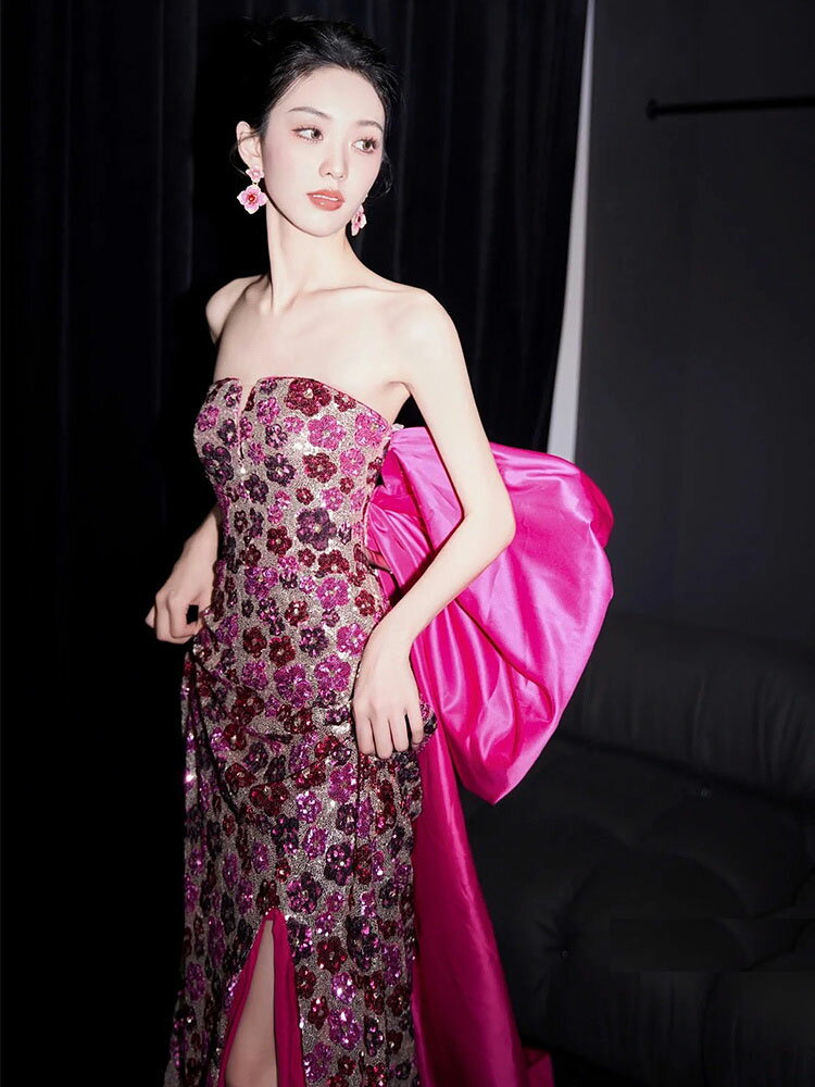 前撮り ドレス カラードレス スレンダードレス ウェディングドレス ウエディングドレス おしゃれ 海外挙式 結婚式 発表会 演奏会 二次会 花嫁 前撮り ブライダル ロングドレス ピンク リボン 花柄 パーティードレス【cd-0719】