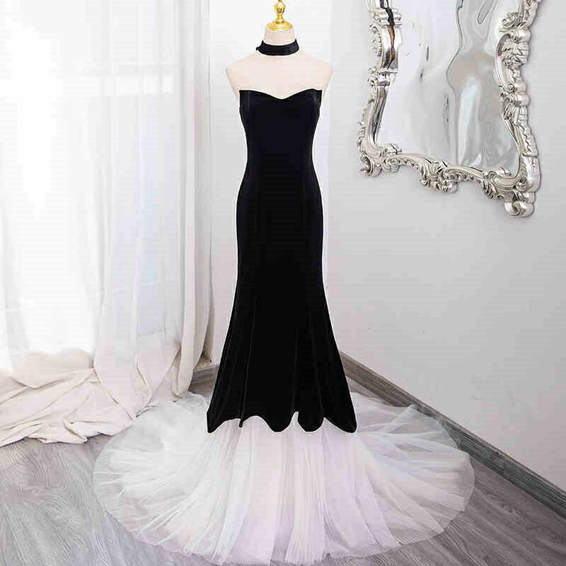 二次会 ドレス カラードレス ブラック 白 黒 マーメイド チョーカー オフショルダー ロングドレス ウエ..