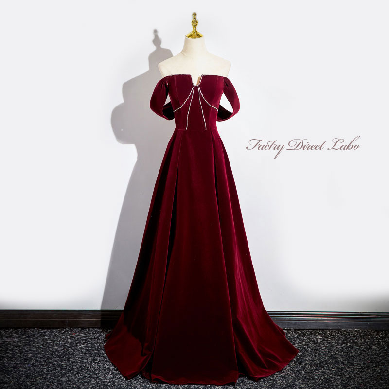 商品名 カラードレス ロングドレス パーティードレス ワインレッド オフショルダー ベロア ベルベット ウェディングドレス ウエディングドレス 結婚式 二次会 花嫁 前撮り 演奏会 発表会 カクテルドレス ブライダル フォーマルドレス 成人...