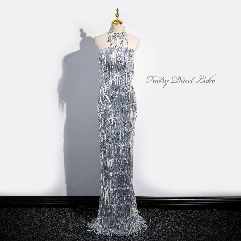 カラードレス ロングドレス シルバー フリンジ チョーカー マーメイドドレス パーティードレス ウェデ..