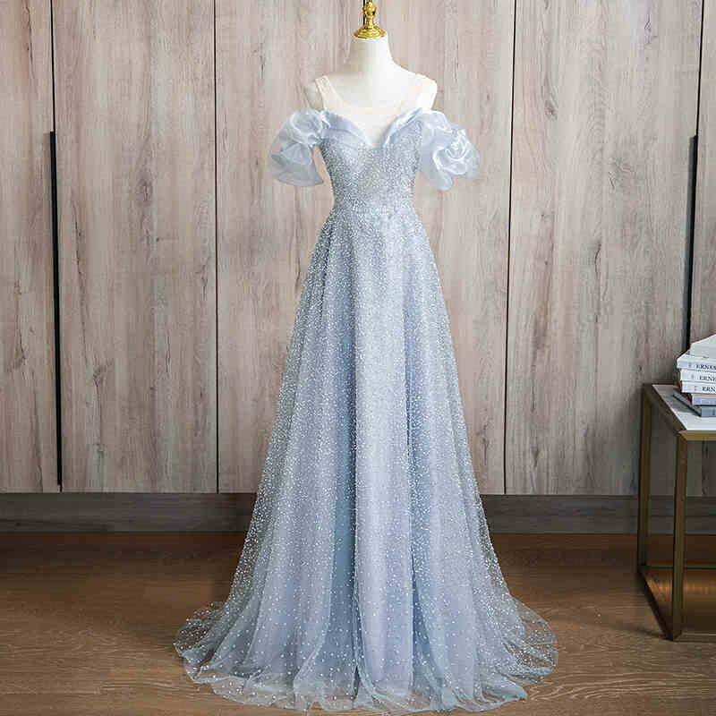 カラードレス ロングドレス パーティードレス 水色 ブルー フリル オフショル風 ビーズ ビージング パーティードレス ウェディングドレス ウエディングドレス 結婚式 二次会 花嫁 前撮り 演奏会 発表会 カクテルドレス フォーマルドレス イブニングドレス【cd-0787】