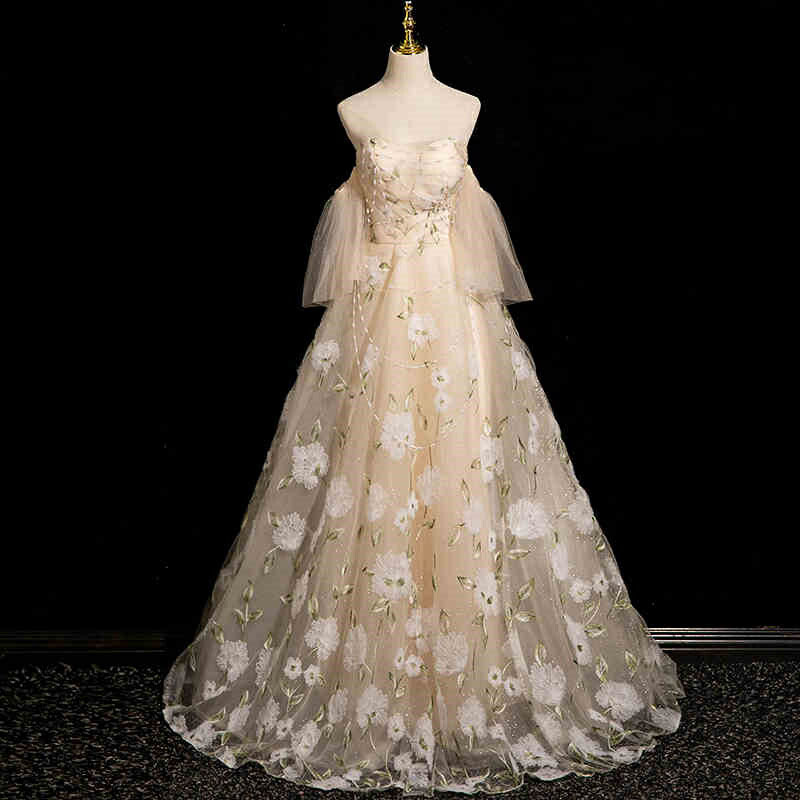 カラードレス ロングドレス パーティードレス 花柄 柄 ベージュ オレンジ 袖 ビスチェ ベアトップ ステージ衣装 チュール オフショル ウェディングドレス ウエディングドレス 結婚式 二次会 花嫁 前撮り 演奏会 発表会 オフショルダー 卒業式 コンサート【cd-0795】