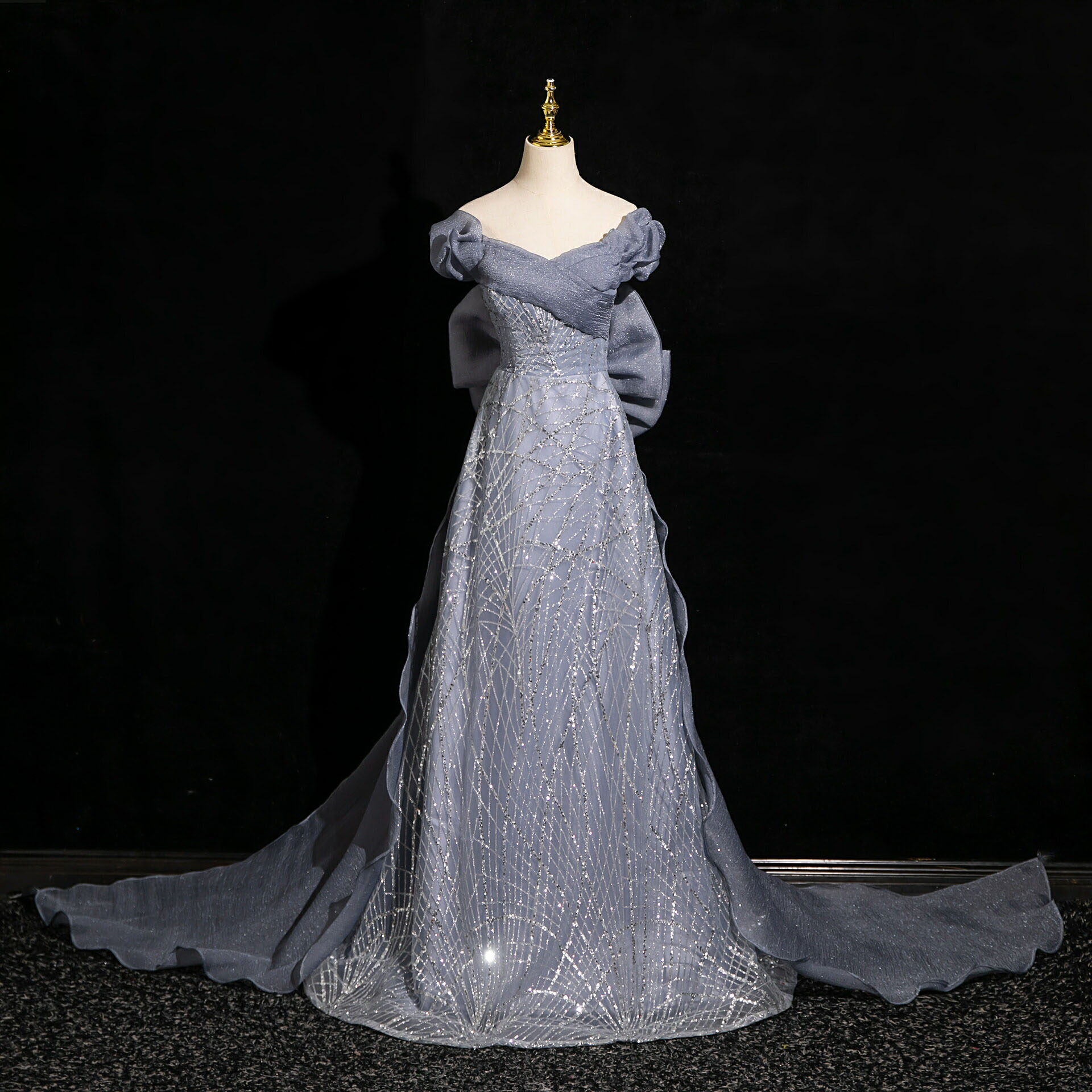 カラードレス ロングドレス パーティードレス リボン バックリボン グレー Vネック シルバー 半袖 ウェディングドレス ウエディングドレス 結婚式 二次会 花嫁 前撮り 演奏会 発表会 カクテルドレス ブライダル フォーマルドレス 成人式 卒業式【cd-0802】