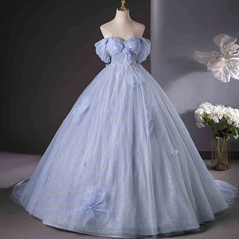 取り外し可能な袖 2way カラードレス ロングドレス パーティードレス ブルー 水色 花 モチーフ お花 フラワー 半袖 ウェディングドレス ウエディングドレス 結婚式 二次会 花嫁 前撮り 演奏会 発表会 オフショルダー 披露宴 ブライダル フォーマル コンサート【cd-0806】