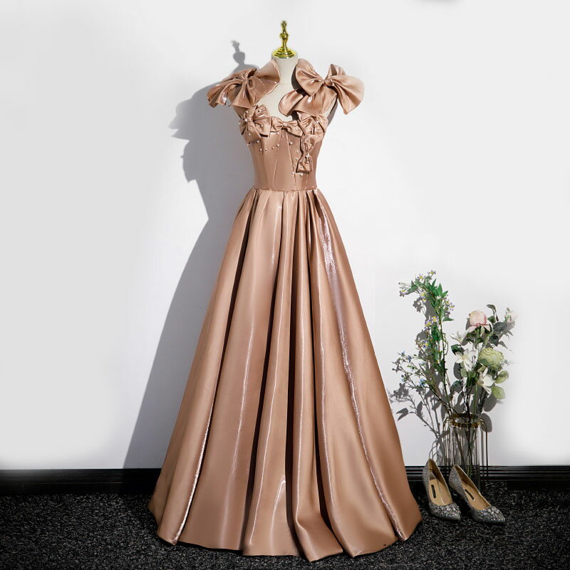 カラードレス 2way ロングドレス パーティードレス ベージュブラウン リボン ウェディングドレス ウエディングドレス 結婚式 二次会 花嫁 前撮り 演奏会 発表会 カクテルドレス 披露宴 ブライダル フォーマルドレス 成人式 卒業式 コンサート イブニングドレス【cd-0823】