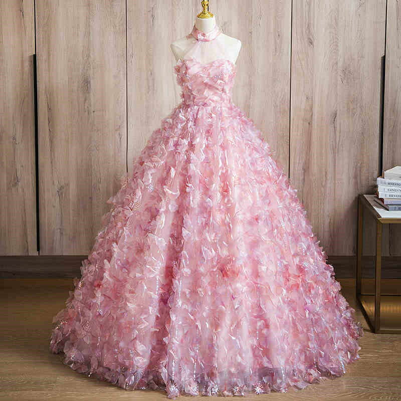 【P5倍+クーポン】カラードレス ロングドレス パーティードレス ピンク アメリカンスリーブ ホルダーネック 花 ハイネック フラワー ウェディングドレス ウエディングドレス 結婚式 二次会 前撮り 演奏会 オフショルダー 披露宴 ブライダル フォーマル コンサート【cd-0842】