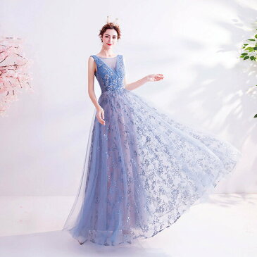 【着後レビュー特典】カラードレス Vネック 海外ウエディング 発表会 サイズ XS?XXXL 大きいサイズ 小さいサイズ パーティードレス シフォン 透け感 キラキラ ブルー 結婚式 パーティー ロング 二次会