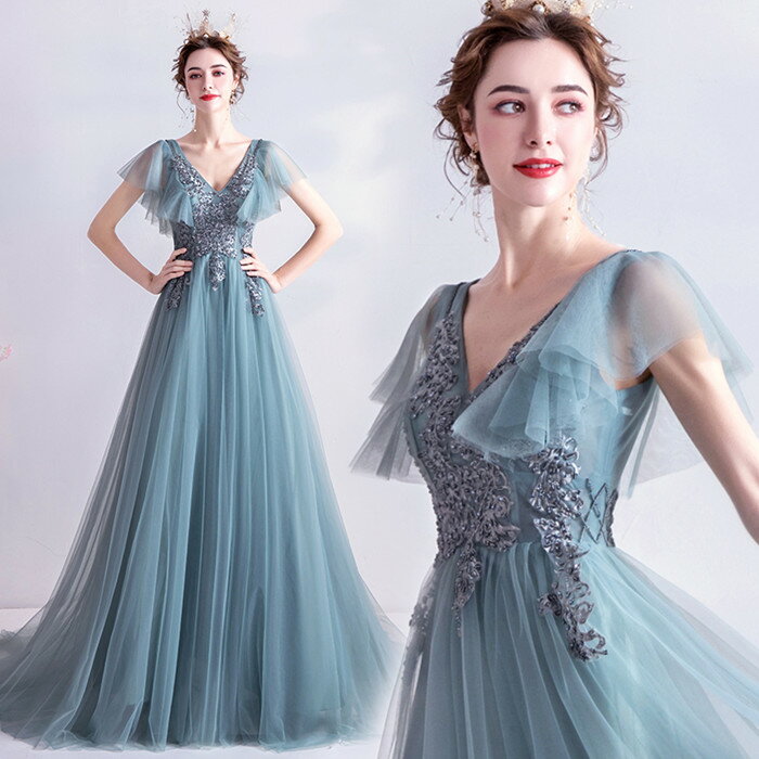 カラードレス ウエディング【着後レビュー特典】ブルーグレー フレア袖 袖あり 深Vネック 編上げ フリル袖 チュール お色直し 華やか レース ロングドレス パーティードレス シフォン 海外ウエディング 発表会 サイズXS XXXL 大きいサイズ 小さいサイズ【cd-0154】