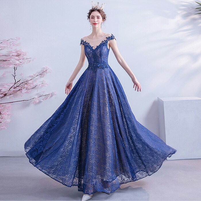 カラードレス ウエディング【着後レビュー特典】ネイビー 紺 オフショル風 フレンチ袖 編上げ Vネック シースルー レース パーティードレス ブルー 結婚式 ロング 二次会 海外ウエディング 発表会 お色直し 大きいサイズ 小さいサイズ