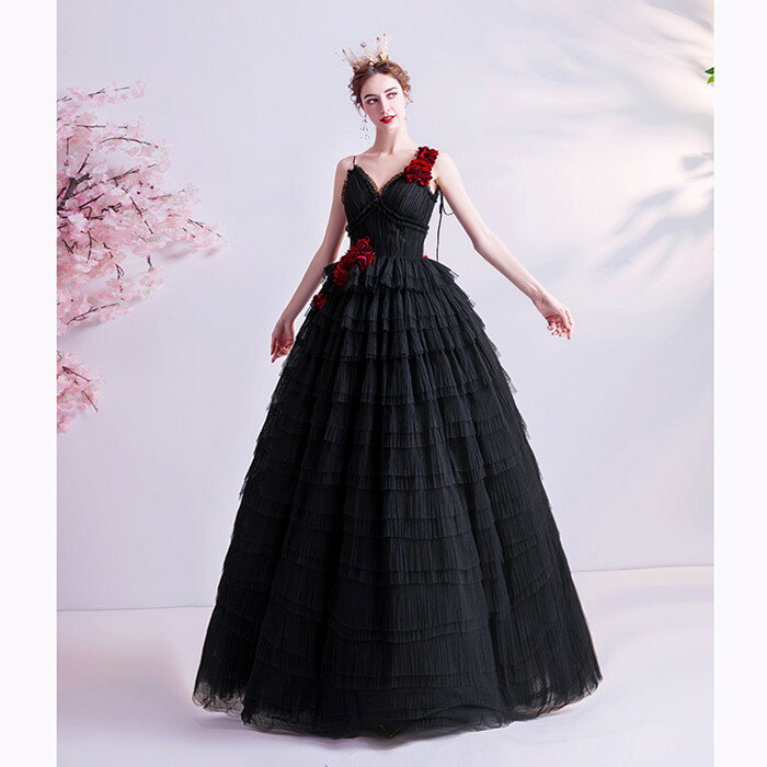 カラードレス ウエディング【着後レビュー特典】大人なブラックドレス 赤いバラ プリンセスラインドレス 黒×赤 ティアード 肩リボン チュール 情熱 刺繍 カラー ワンピース 花嫁 上品 お色直し パーティードレス 結婚式 披露宴 XS S XL XXL ロングドレス【cd-0300】