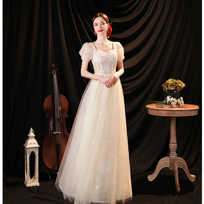 カラードレス ウエディング【着後レビュー特典】チュールとキラキラの刺繍が可愛い パフスリーブ Aラインドレス 半袖 オフホワイト ビスチェ パーティードレス ハートカット チュール お色直し ワンピース ウェディング ドレス XS S XL XXL XXXL 披露宴 刺繍