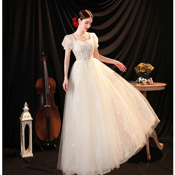 カラードレス ウエディング【着後レビュー特典】チュールとキラキラの刺繍が可愛い パフスリーブ Aラインドレス 半袖 オフホワイト ビスチェ パーティードレス ハートカット チュール お色直し ワンピース ウェディング ドレス XS S XL XXL XXXL 披露宴 刺繍