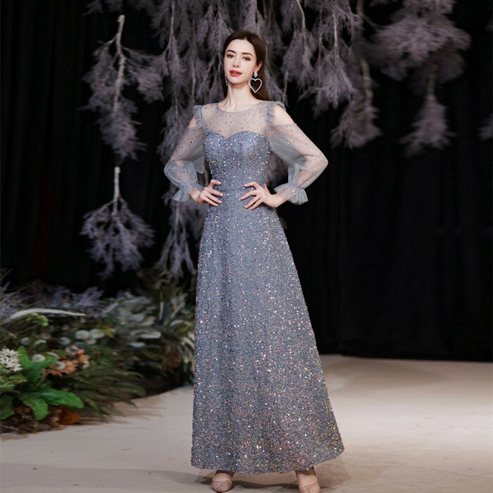 カラードレス ウェディング ドレス【着後レビュー特典】キラキラのスパンコール パフ袖のチュールが可愛い スレンダーラインドレス 肩見せ パフスリーブ ハートカット 長袖 ブルー シルバー チュール お色直し ワンピース XS S XL XXL XXXL 披露宴 刺繍