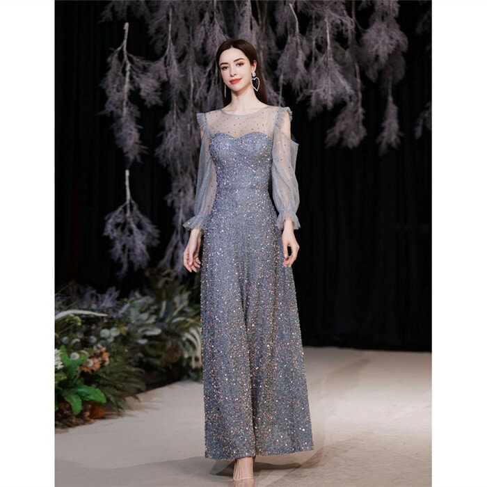 カラードレス ウェディング ドレス【着後レビュー特典】キラキラのスパンコール パフ袖のチュールが可愛い スレンダーラインドレス 肩見せ パフスリーブ ハートカット 長袖 ブルー シルバー チュール お色直し ワンピース XS S XL XXL XXXL 披露宴 刺繍