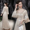 カラードレス 前撮りドレス 袖あり ロング【着後レビュー特典】キラキラ輝くゴールドが美しい すっきりシルエット 深Vネック スレンダーラインドレス スパンコール パフ袖 パフスリーブ 長袖 お色直し ワンピース ウェディング ドレス XS S XXXL 披露宴 衣装 発表会